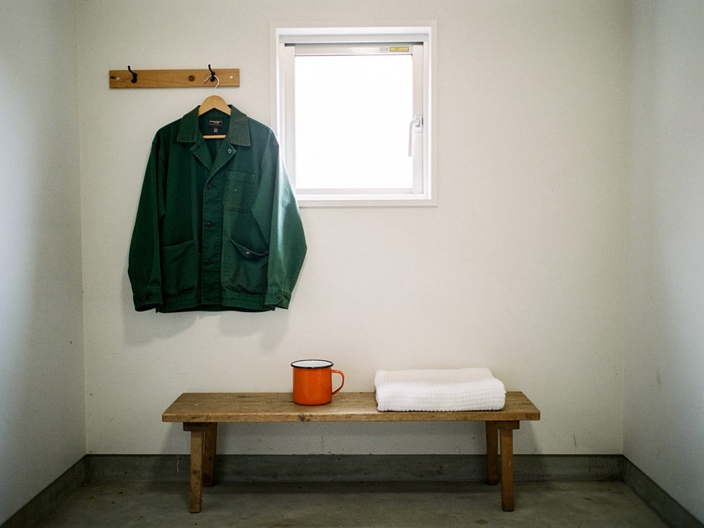 A driver's green jacket hanging on a hook beside a small window in the depot rest room