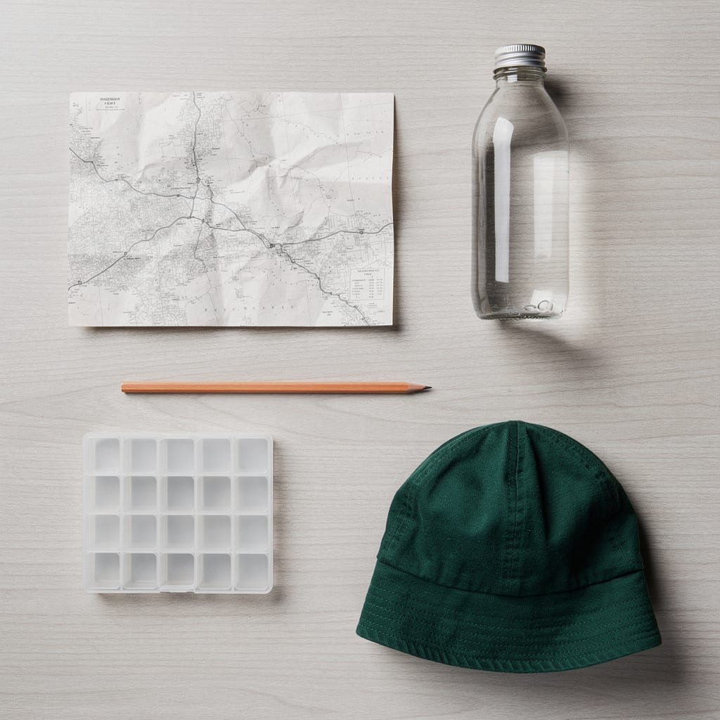 A driver's minimalist kit on a pale table: a folded paper route, a water bottle, a weekly pill organizer and an orange pencil