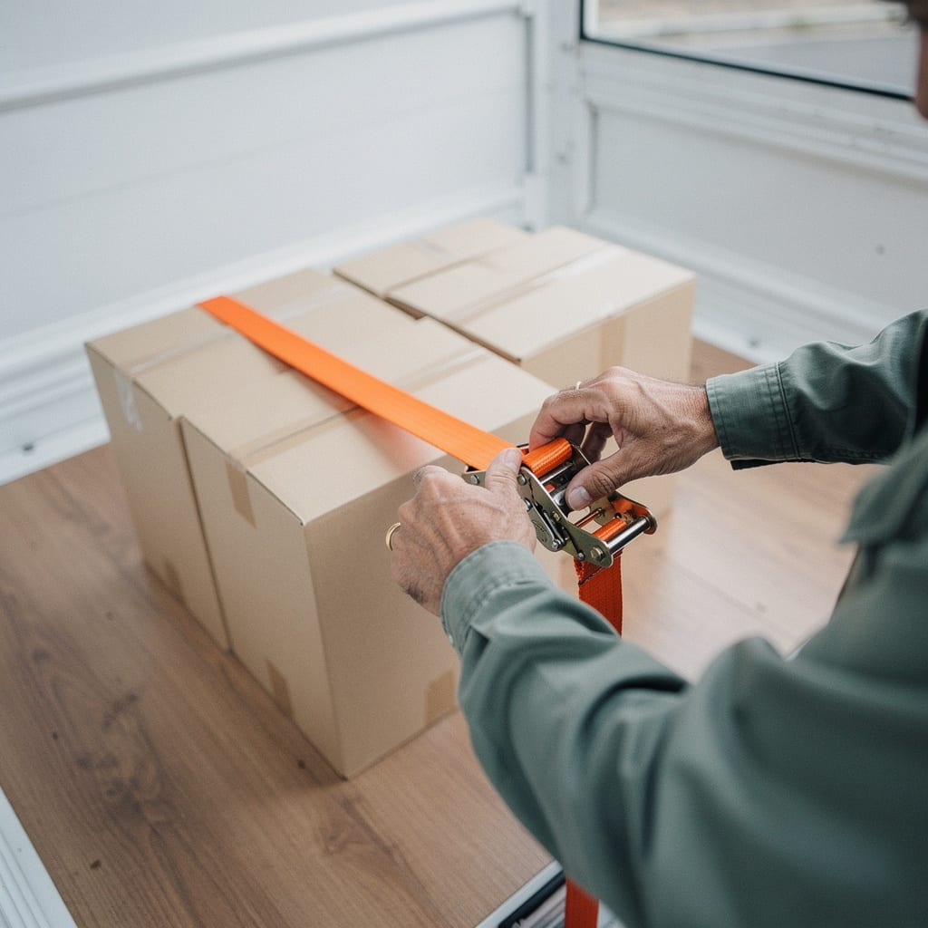 A driver's hands tightening an orange cargo strap across stacked boxes in the back of a truck